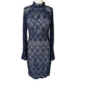Seqiun Hearts Blue Lace Cocktail Dress with Bell Sleeves - Size 9
